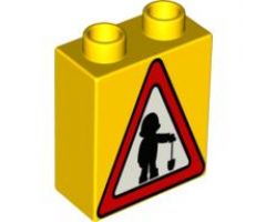 Duplo, Brick 1 x 2 x 2 with Road Sign Construction Worker Pattern