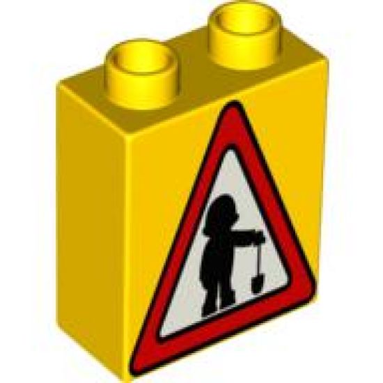 Duplo, Brick 1 x 2 x 2 with Road Sign Construction Worker Pattern
