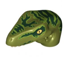 Animal, Body Part Dinosaur Head Raptor with Pin Hole, Tan Teeth and Dark Green Stripes over Lime Pattern