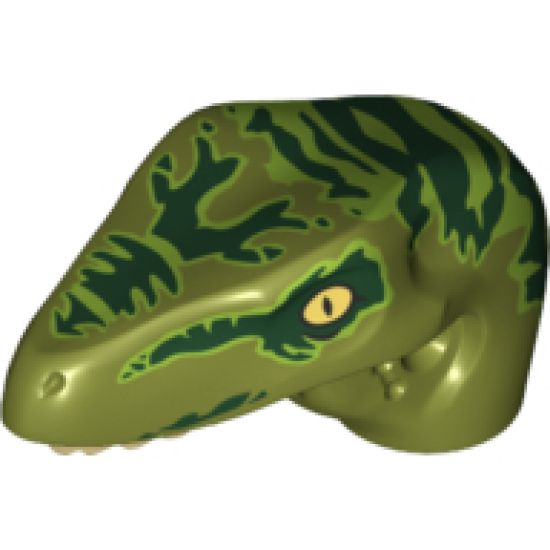 Animal, Body Part Dinosaur Head Raptor with Pin Hole, Tan Teeth and Dark Green Stripes over Lime Pattern