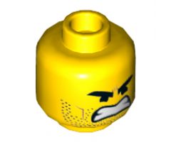 Minifigure, Head Dual Sided Black Eyebrows, Stubble, Open Smile / Open Mouth Angry Pattern (Rex Dangervest) - Hollow Stud