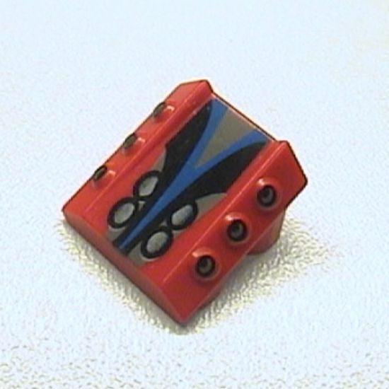Brick, Modified 2 x 2 No Studs, Sloped with 6 Side Pistons Raised and Silver, Black, and Blue Pattern