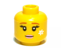 Minifigure, Head Female with Brown Eyebrows, Eyelashes, Pink Lips and White Flower Pattern - Blocked Open Stud