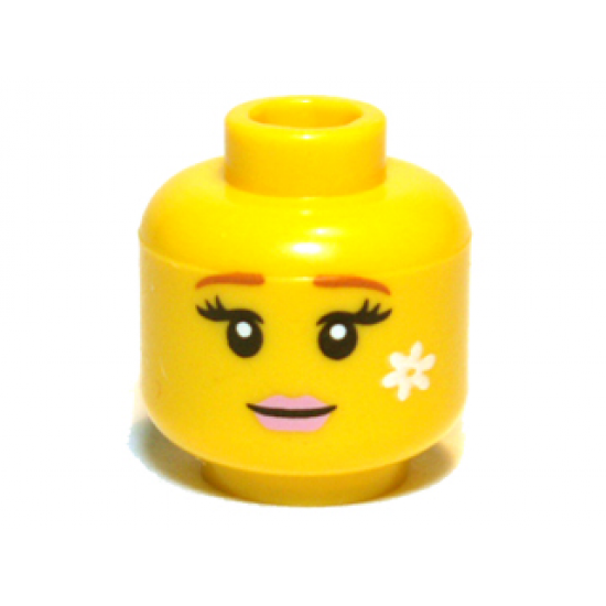 Minifigure, Head Female with Brown Eyebrows, Eyelashes, Pink Lips and White Flower Pattern - Blocked Open Stud