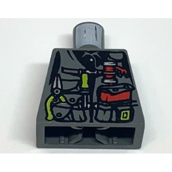 Torso Dino Vest with Lime Handle Tools and Red Pocket Book Pattern