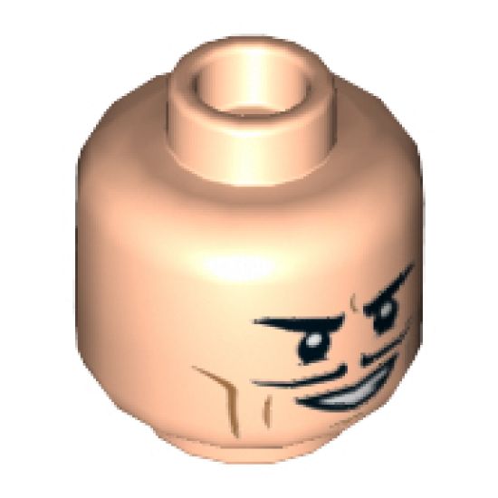 Minifigure, Head Dual Sided Black Eyebrows and Pencil Moustache, Dark Orange Cheek Lines, Smile / Scared Pattern - Hollow Stud