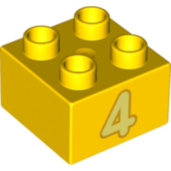 Duplo, Brick 2 x 2 with Number 4 Bright Light Yellow Pattern