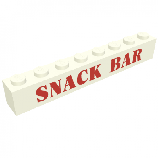 Brick 1 x 8 with Red 'SNACK BAR' Pattern , embossed print