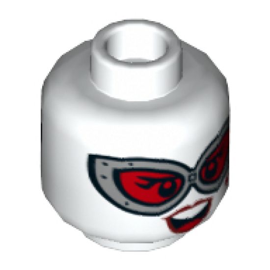 Minifigure, Head Dual Sided Female Large Silver Goggles with Red Lenses, Red Lips and Diamond Beauty Mark, Smile / Frown Pattern - Hollow Stud