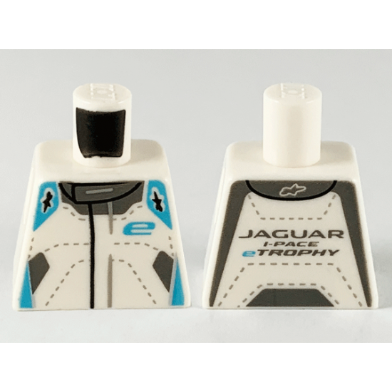 Torso Speed Champions Jumpsuit, Medium Azure Shoulders, 'e' and Dark Bluish Gray Collar Pattern