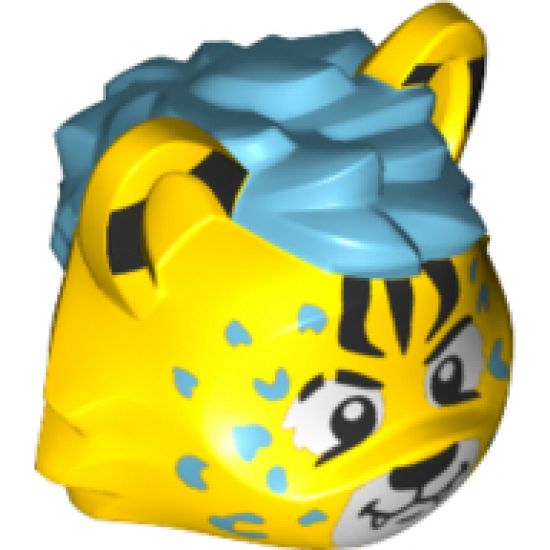 Minifigure, Head, Modified Cat with Medium Azure Hair and Rosettes, Black Markings, Eyes and Nose Pattern