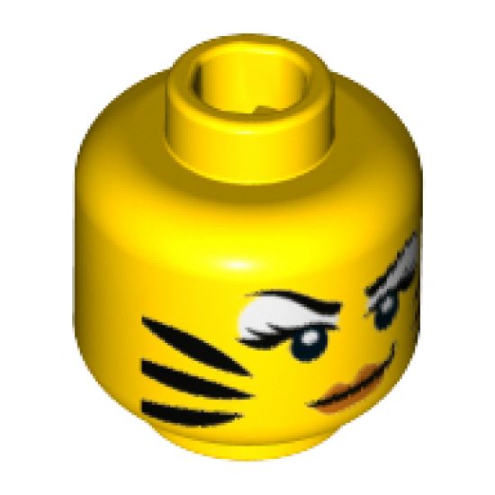 Minifigure, Head Female White Eye Shadow, Orange Lips and Black Tiger Stripes Pattern - Hollow Stud