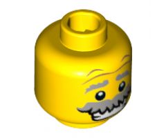 Minifigure, Head Gray Eyebrows Raised and Bushy Moustache, Wrinkles, White Pupils and Open Smile Pattern - Hollow Stud