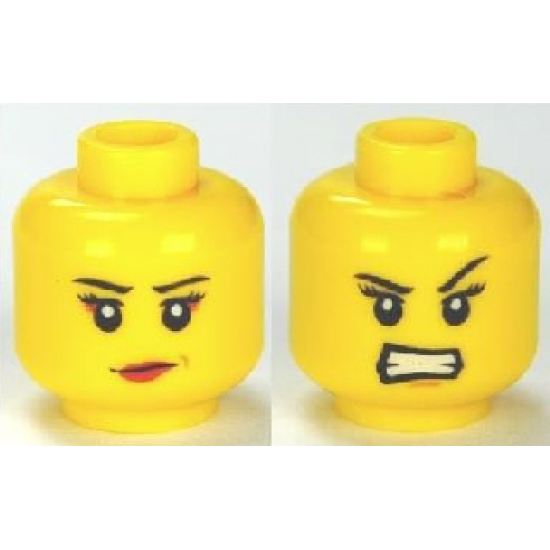 Minifigure, Head Dual Sided Female Eyelashes and Red Lips, Determined / Angry Pattern - Blocked Open Stud