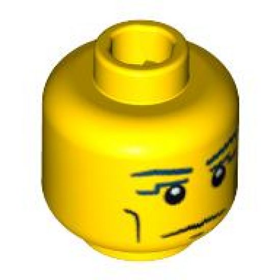 Minifigure, Head Blue Eyebrows, Vertical Cheek Lines, Slight Frown, Chin Dimple and White Pupils Pattern - Blocked Open Stud