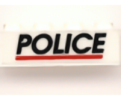 Brick 1 x 4 with Black 'POLICE' Red Line on White Background Pattern (Sticker) - Sets 6344 / 6398