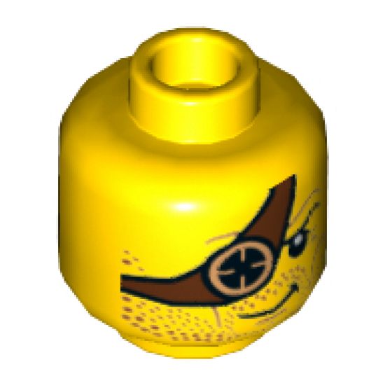 Minifigure, Head Beard Stubble Dark Red, Reddish Brown Eyepatch with Copper Eyepiece Pattern - Hollow Stud
