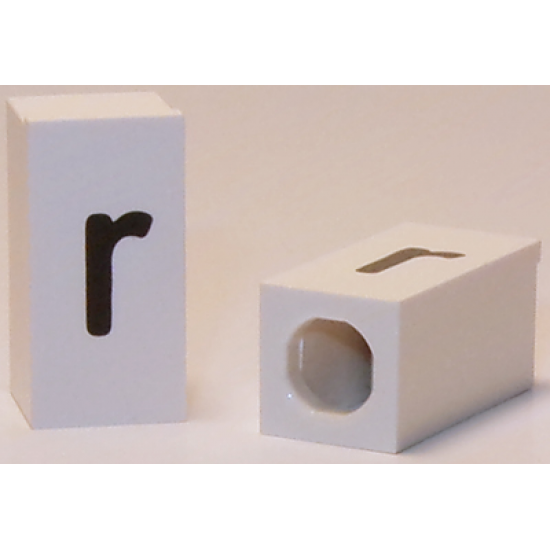 Tile, Modified 1 x 2 x 5/6 with Stud Hole in End and Black 'r' Lower Case Pattern