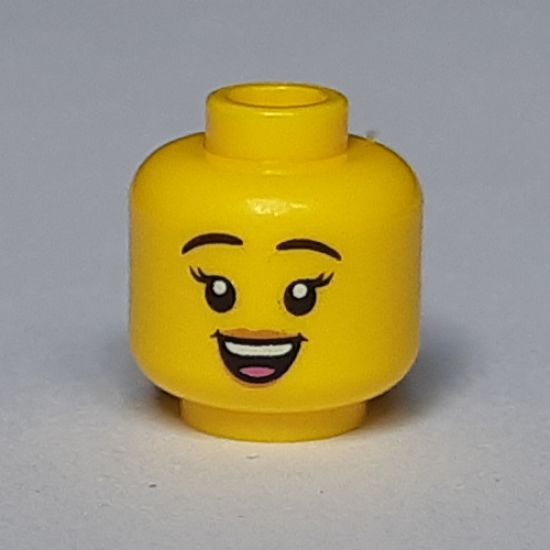 Minifigure, Head Dual Sided Female, Black Eyebrows, Peach Lips, Open Smile / Sunglasses with Dark Purple and Dark Pink Stripes Pattern - Hollow Stud