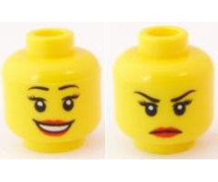 Minifigure, Head Dual Sided Female Eyelashes and Red Lips, Smile / Annoyed Pattern - Blocked Open Stud