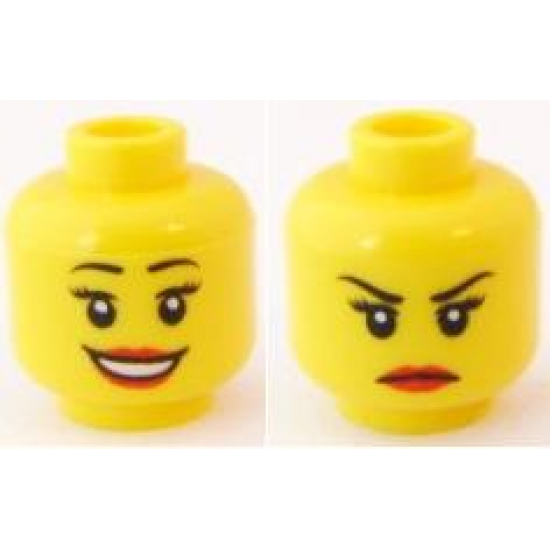 Minifigure, Head Dual Sided Female Eyelashes and Red Lips, Smile / Annoyed Pattern - Blocked Open Stud
