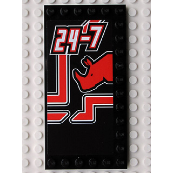 Tile, Modified 6 x 12 with Studs on Edges with White '24-7' and Red Rhino Head Pattern Model Left (Sticker) - Set 8285