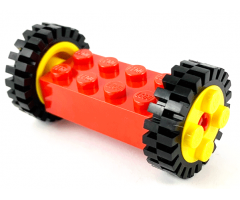Wheel & Tire Assembly Brick, Modified 2 x 4 with Pins with 2 Yellow Wheel FreeStyle with Technic Pin Hole and 2 Black Tire 24mm D. x 8mm Offset Tread (6249 / 6248 / 3483)