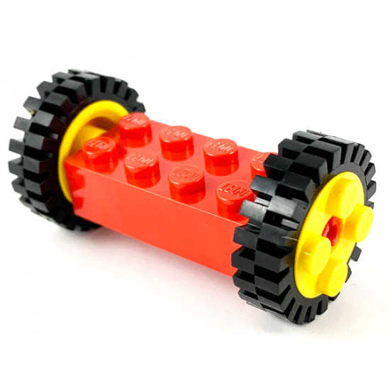 Wheel & Tire Assembly Brick, Modified 2 x 4 with Pins with 2 Yellow Wheel FreeStyle with Technic Pin Hole and 2 Black Tire 24mm D. x 8mm Offset Tread (6249 / 6248 / 3483)