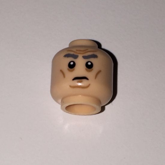 Minifigure, Head Dark Gray Eyebrows Bushy, Sunken Eyes, Cheek Lines, Chin Dimple and Forehead Wrinkles Pattern (SW First Order General) - Hollow Stud