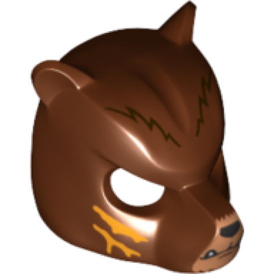 Minifigure, Headgear Mask Bear with Black Nose, Medium Nougat Face and Orange Slash Marks Pattern