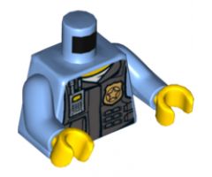 Torso Police Shirt with Dark Bluish Gray Vest, Gold Badge, Zipper and White 'POLICE' Pattern on Back / Medium Blue Arm Left / Medium Blue Arm Right with Star Badge Pattern / Yellow Hands