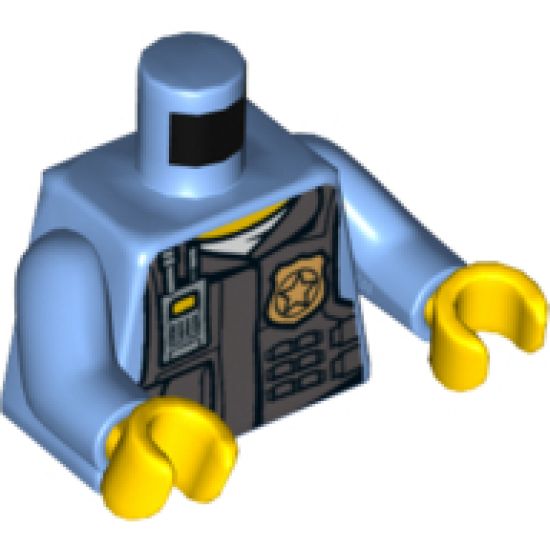 Torso Police Shirt with Dark Bluish Gray Vest, Gold Badge, Zipper and White 'POLICE' Pattern on Back / Medium Blue Arm Left / Medium Blue Arm Right with Star Badge Pattern / Yellow Hands