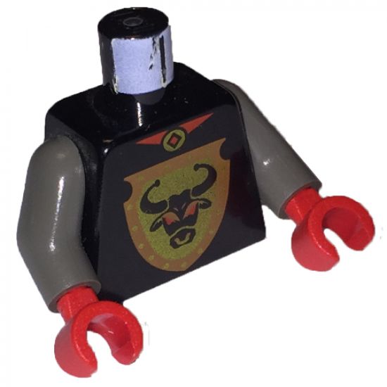 Torso Castle Knights Kingdom Bull's Head on Brown Shield Pattern / Dark Gray Arms / Red Hands