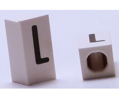 Tile, Modified 1 x 2 x 5/6 with Stud Hole in End and Black 'L' Upper Case Pattern