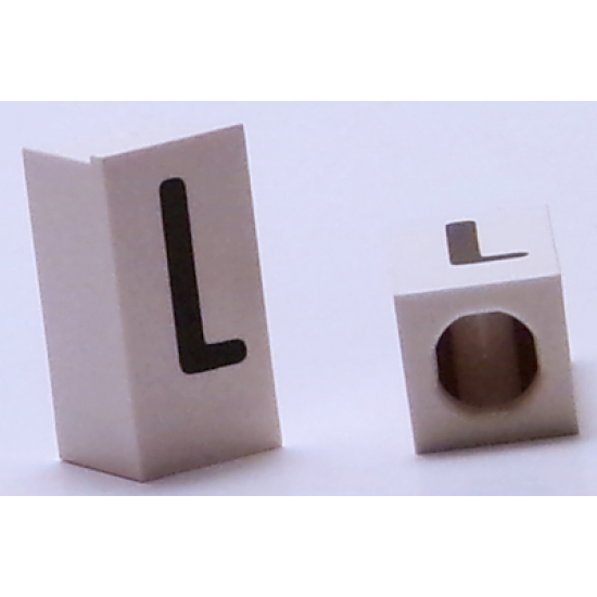 Tile, Modified 1 x 2 x 5/6 with Stud Hole in End and Black 'L' Upper Case Pattern