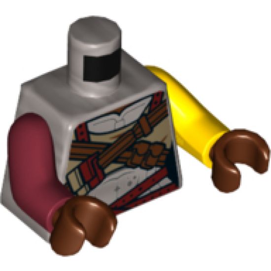 Torso Female Muscles Outline, Reddish Brown Cross Straps, Dark Red Belt Pattern / Yellow Arm Left / Dark Red Arm Right / Reddish Brown Hands