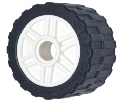 Wheel & Tire Assembly 18mm D. x 14mm with Pin Hole, Fake Bolts and Shallow Spokes with Black Tire 24 x 14 Shallow Tread, Band Around Center of Tread (55981 / 89201)