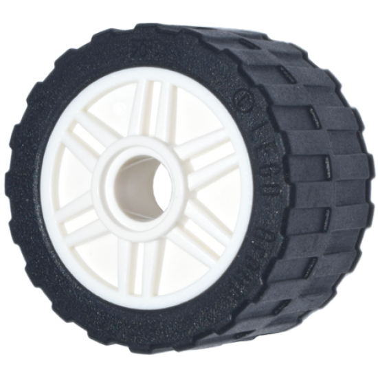 Wheel & Tire Assembly 18mm D. x 14mm with Pin Hole, Fake Bolts and Shallow Spokes with Black Tire 24 x 14 Shallow Tread, Band Around Center of Tread (55981 / 89201)