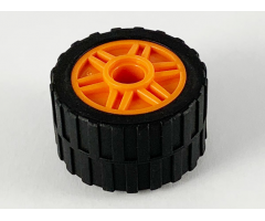 Wheel & Tire Assembly 18mm D. x 14mm with Pin Hole, Fake Bolts and Shallow Spokes with Black Tire 24 x 14 Shallow Tread, Band Around Center of Tread (55981 / 89201)