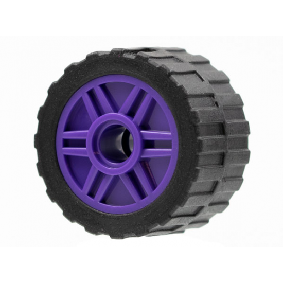 Wheel & Tire Assembly 18mm D. x 14mm with Pin Hole, Fake Bolts and Shallow Spokes with Black Tire 24 x 14 Shallow Tread, Band Around Center of Tread (55981 / 89201)