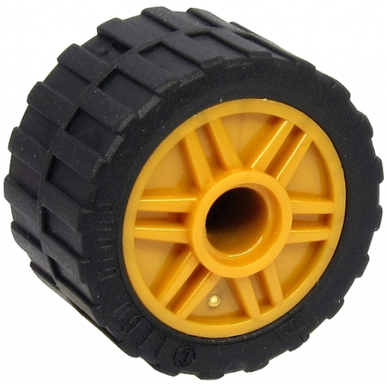 Wheel & Tire Assembly 18mm D. x 14mm with Pin Hole, Fake Bolts and Shallow Spokes with Black Tire 24 x 14 Shallow Tread, Band Around Center of Tread (55981 / 89201)