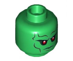 Minifigure, Head Alien with Red Eyes, Dark Bluish Gray Eyebrows, Cheek Lines Stern Expression Pattern (Martian Manhunter) - Hollow Stud