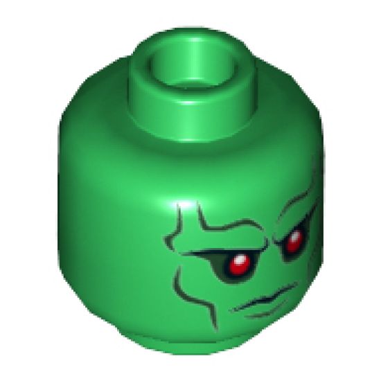 Minifigure, Head Alien with Red Eyes, Dark Bluish Gray Eyebrows, Cheek Lines Stern Expression Pattern (Martian Manhunter) - Hollow Stud
