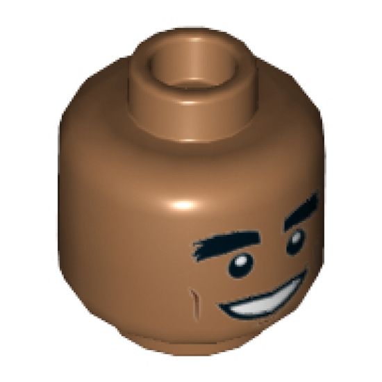 Minifigure, Head Dual Sided Thick Black Eyebrows, Reddish Brown Cheek Lines, Open Grin / Surprised Expression Pattern - Hollow Stud