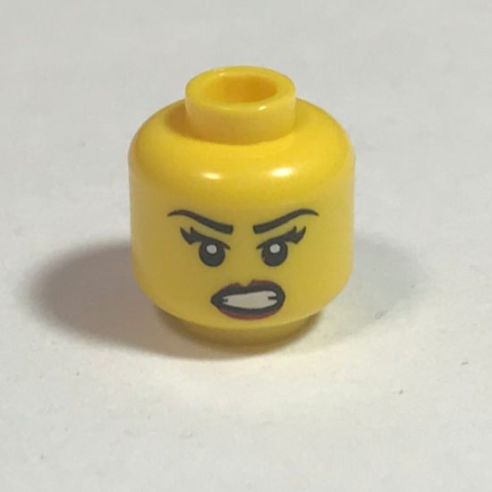 Minifigure, Head Female with Black Eyebrows, Eyelashes, Angry Open Mouth with Bared Teeth, Red Lips Pattern - Hollow Stud