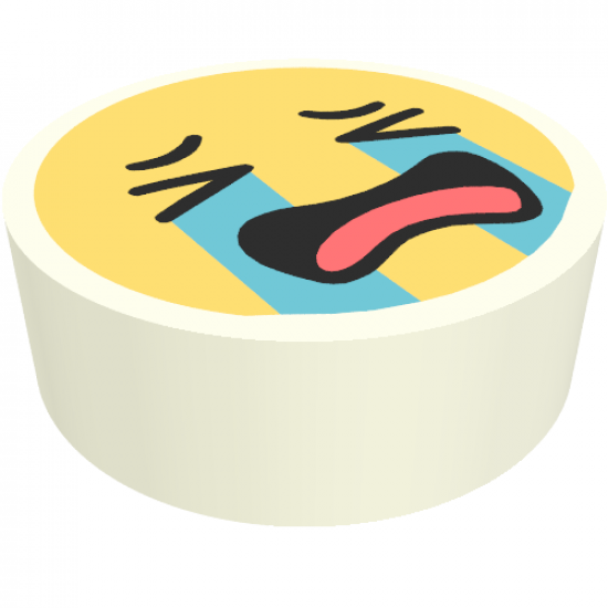 Tile, Round 1 x 1 with Emoji, Bright Light Yellow Face, Crying Medium Azure Tear Streams, Open Mouth with Coral Tongue Pattern