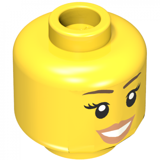Minifigure, Head Female with Peach Lips, Open Mouth Smile, Brown Eyebrows Pattern - Hollow Stud