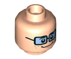 Minifigure, Head Dual Sided Female Freckles, Blue Tinted Glasses, Smiling / Scared Clenched Teeth Pattern (Velma) - Hollow Stud