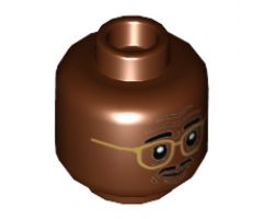 Minifigure, Head Dual Sided Gold Rimmed Glasses, Black Moustache Calm / Scared Pattern - Hollow Stud