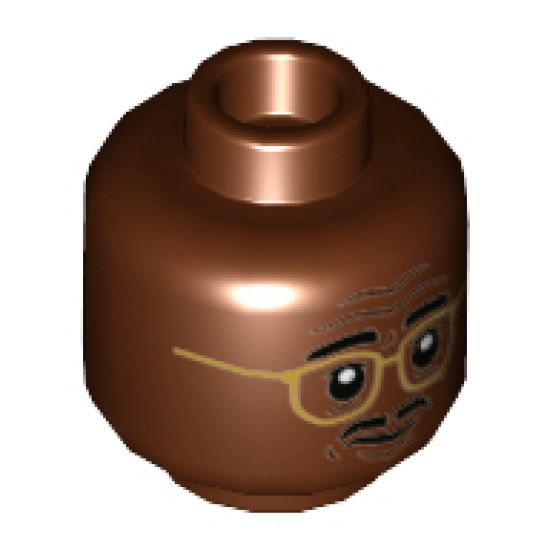 Minifigure, Head Dual Sided Gold Rimmed Glasses, Black Moustache Calm / Scared Pattern - Hollow Stud